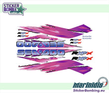 Load image into Gallery viewer, Sea-Doo RXP-X 300 Retro XP Edition full decals kit layout – purple and pink brushstroke vinyl stickers set with RXP-X and Bombardier logos by StickerBombing.eu