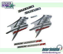 Load image into Gallery viewer, Suzuki Hayabusa GSX1300R black motorcycle with Hayabusa stickers installed – side view by StickerBombing.eu