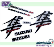 Load image into Gallery viewer, Suzuki Hayabusa GSX1300R GSX1340R silver sticker set – grey Hayabusa kanji decals with GSX1300R and Suzuki logos by StickerBombing.eu