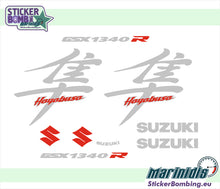Load image into Gallery viewer, Suzuki Hayabusa GSX1340R silver sticker set – grey Hayabusa kanji decals with GSX1340R, Suzuki logos and red S emblems by StickerBombing.eu