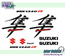 Load image into Gallery viewer, Suzuki Hayabusa GSX1340R black sticker set – grey Hayabusa kanji decals with GSX1340R, Suzuki logos and red S emblems by StickerBombing.eu
