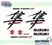 Load image into Gallery viewer, Suzuki Hayabusa GSX1300R black sticker set – grey Hayabusa kanji decals with GSX1300R, Suzuki logos and red S emblems by StickerBombing.eu
