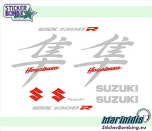 Load image into Gallery viewer, Suzuki Hayabusa GSX1300R silver sticker set – grey Hayabusa kanji decals with GSX1300R, Suzuki logos and red S emblems by StickerBombing.eu