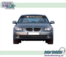 Load image into Gallery viewer, BMW M Performance windshield banner decal – black vinyl strip with M Performance logo on silver BMW sedan, by StickerBombing.eu