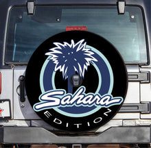 Load image into Gallery viewer, Premium quality-Full Ecological Leather-Universal Tire Cover &quot;Sahara Edition&quot;Black &amp; blue  Jeep Wrangler JL Sahara Edition With hole for rear view camera 2017-2021