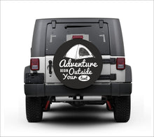 Load image into Gallery viewer, Premium quality-Full Ecological Leather-Universal tire cover &amp; wheel cover for Jeep Wrangler - &quot;Adventure Begin Outside Your Tent&quot;