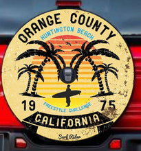 Load image into Gallery viewer, Universal tire cover &amp; wheel cover for Jeep Wrangler For models JL 2017-2019 with a rear camera - &quot;Orange County California Surf Rider&quot;